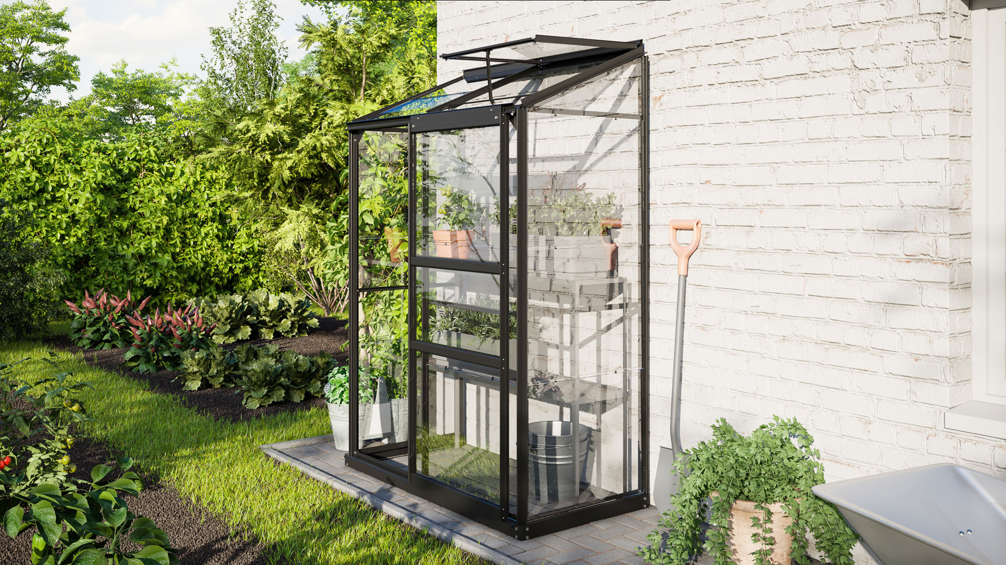 Gewächshaus Ida 900, Farbe: Schwarz pulverbeschichtet, verglast mit: Sicherheitsglas (ESG)