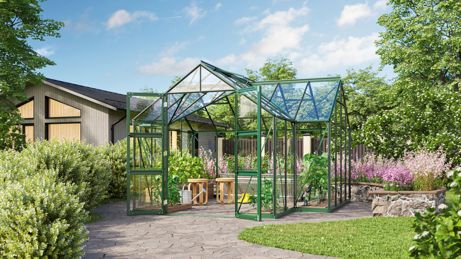 Gewächshaus Campus 13000, Farbe: Smaragd pulverbeschichtet, verglast mit: Sicherheitsglas (ESG)