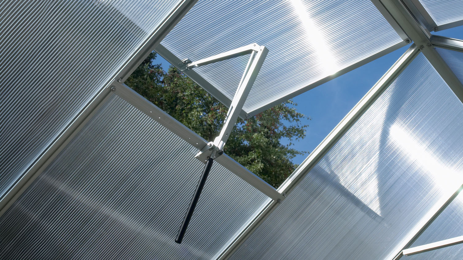 Innenansicht: Vitavia's automatischer Dachlüfter, hier zu sehen im Einsatz bei einem klassischen Gewächshaus in Alu eloxiert. Im Hintergrund sieht man einen üppig gewachsenen Baum und strahlend blauen Himmel, der durch die Hohlkammerplatten und Fensteröff