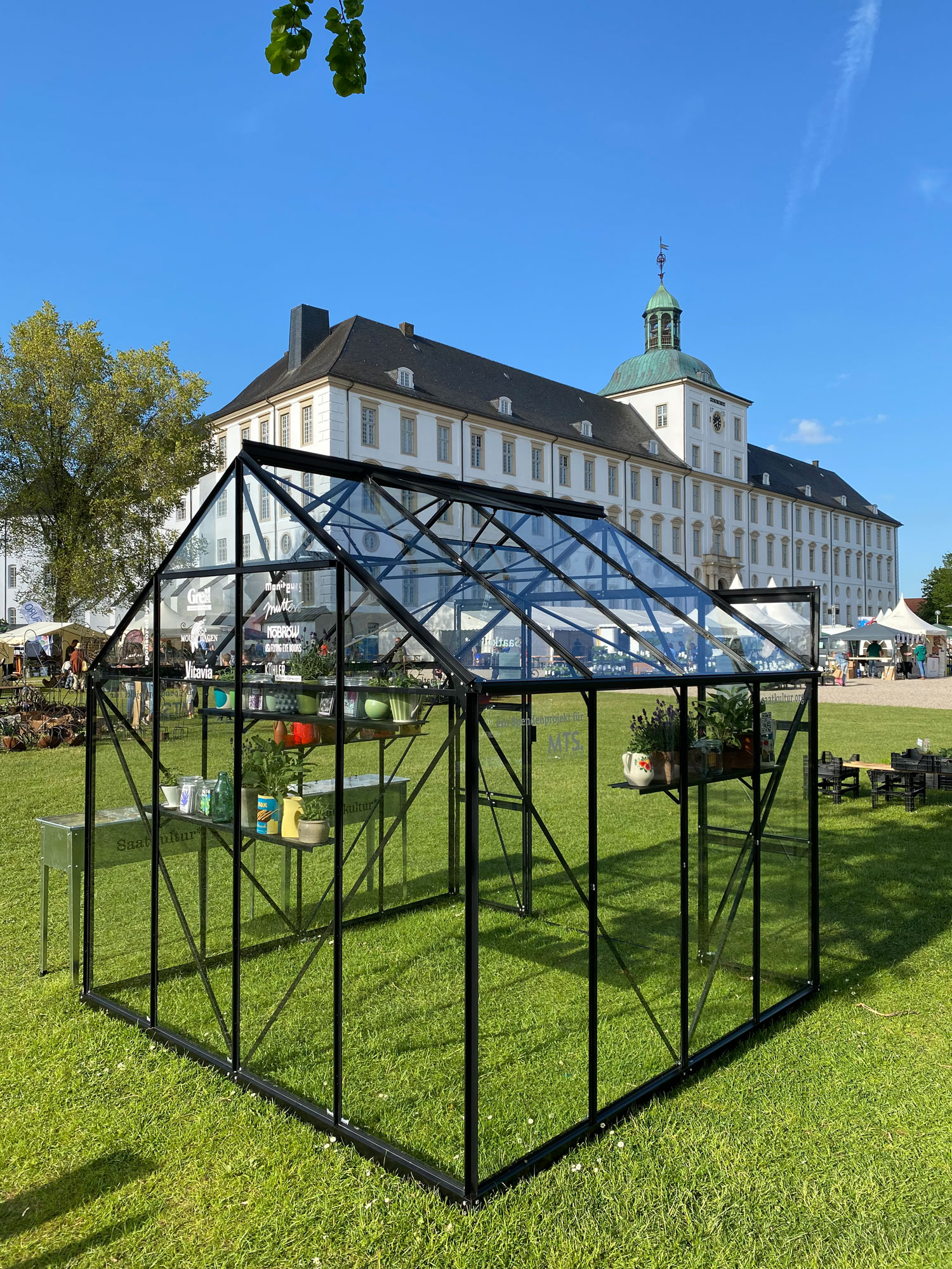 Hier ist ein Vitavia-Gewächs in der Farbe Sschwarz pulverbeschichtet zu sehen, welches unter strahlend blauem Himmmel auf einer Wiee steht.