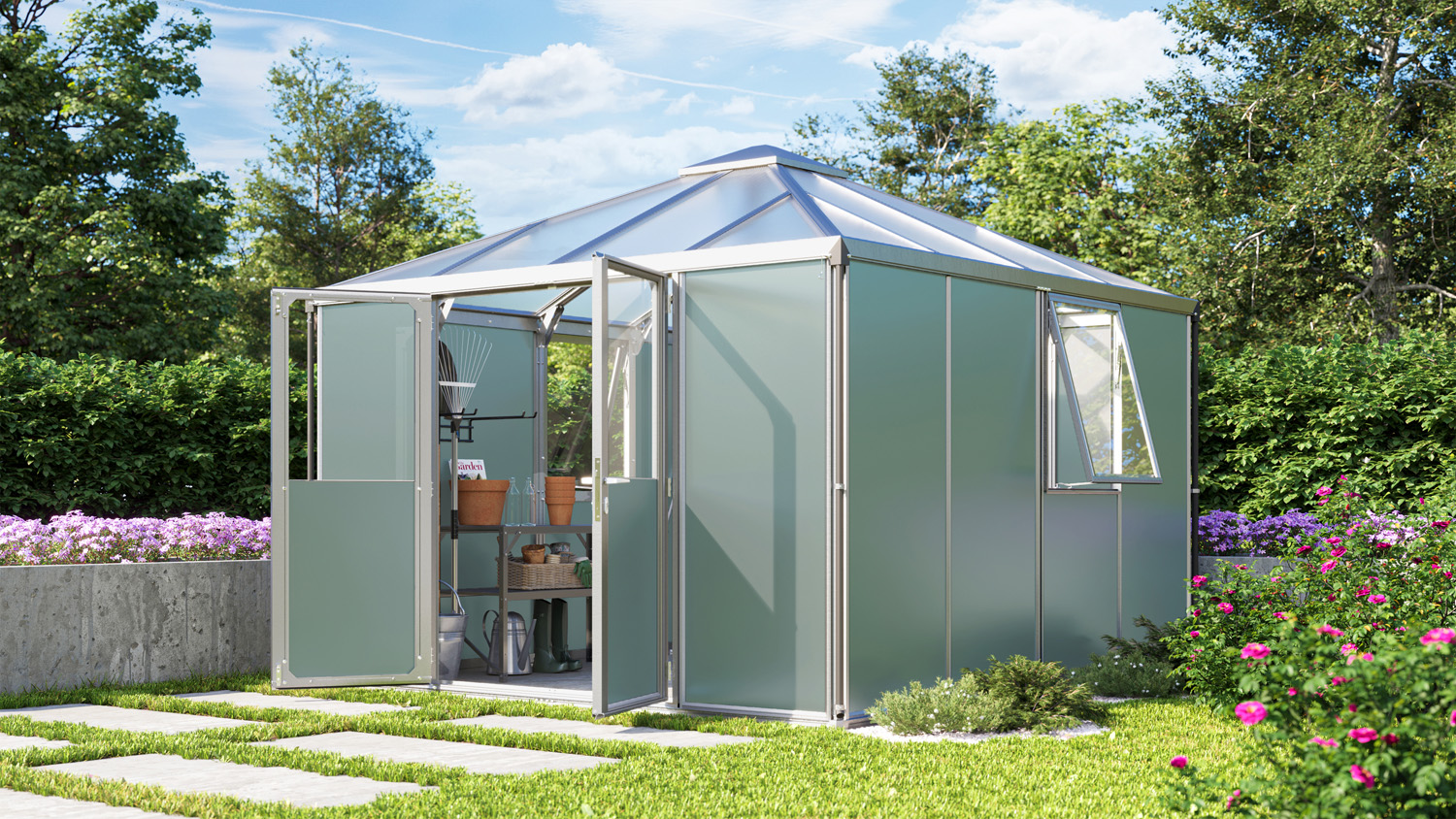 Premium Gerätehaus Universum 10200 mit Pavillondach, Farbe: Aluminium eloxiert, verglast mit: Sicherheitsglas (ESG)