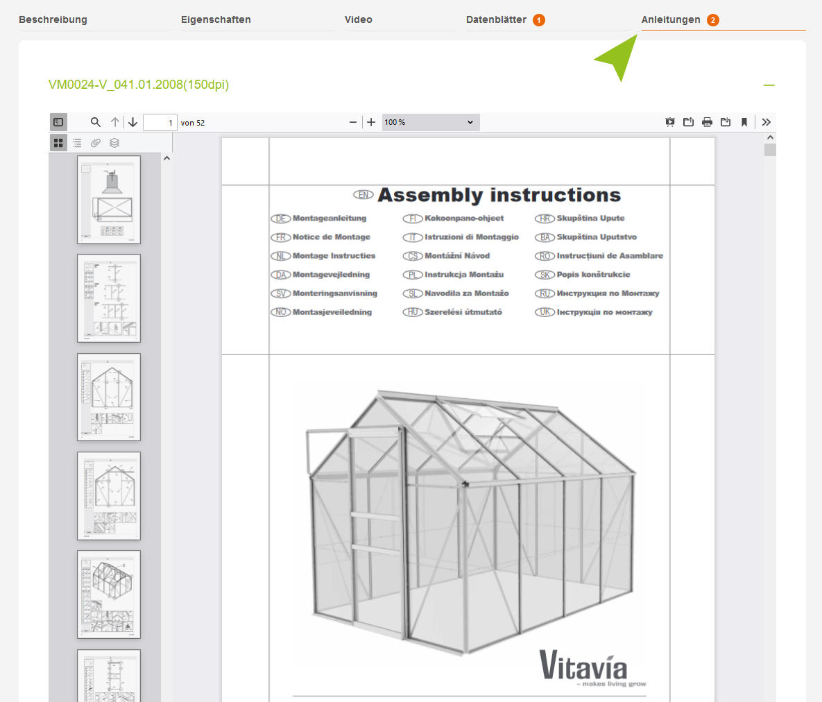 Auf diesem Screenshot ist zu sehen, wo die Anleitungen auf Vitavia-Webseite zu finden sind. Hierbei handelt es sich um Tabs unten auf der Produktseite. Ganz rechts ist der Tab "Anleitungen" markiert.