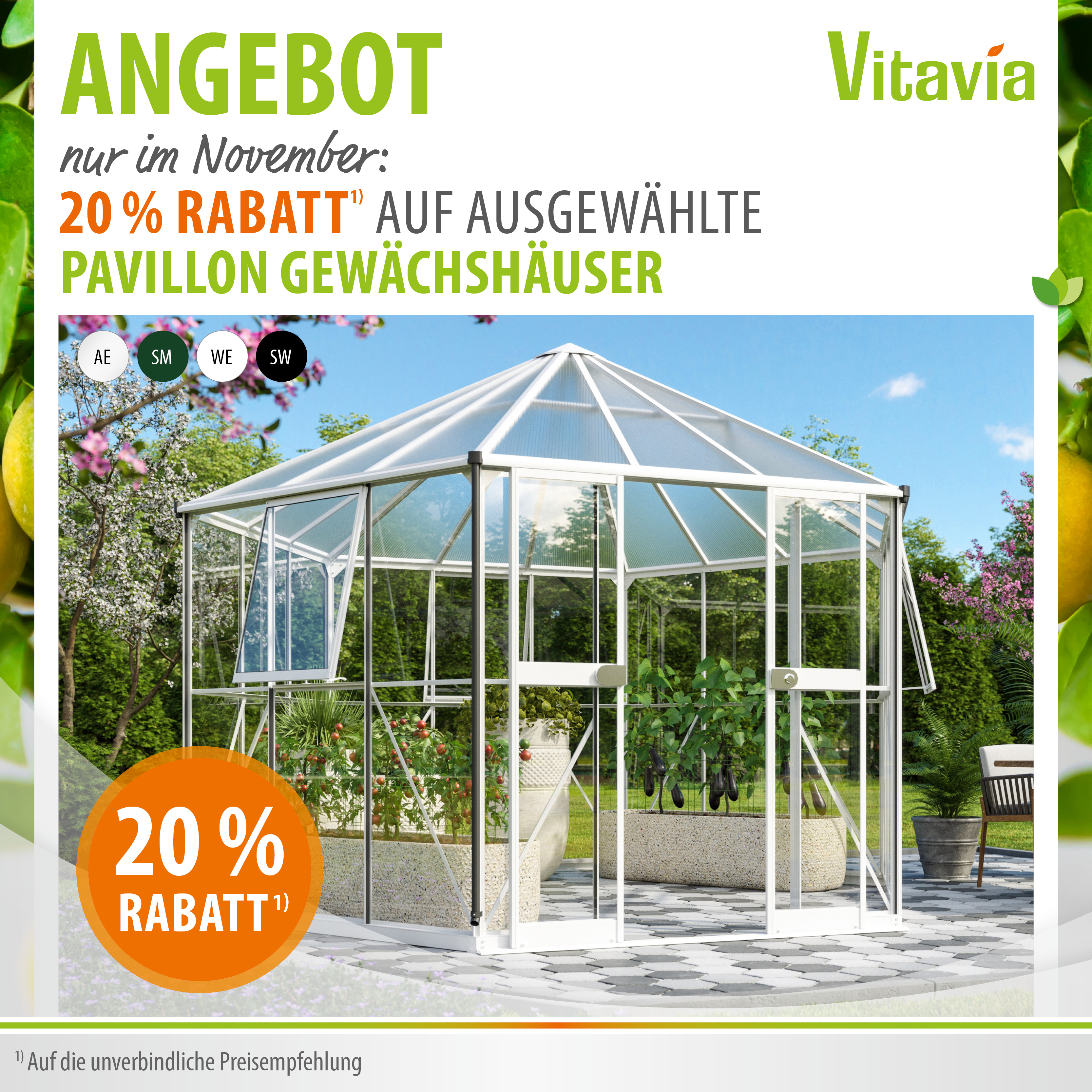Aktions-Banner November 2026 20% auf ausgewählte Vitavia Pavillon-Gewächshäuser