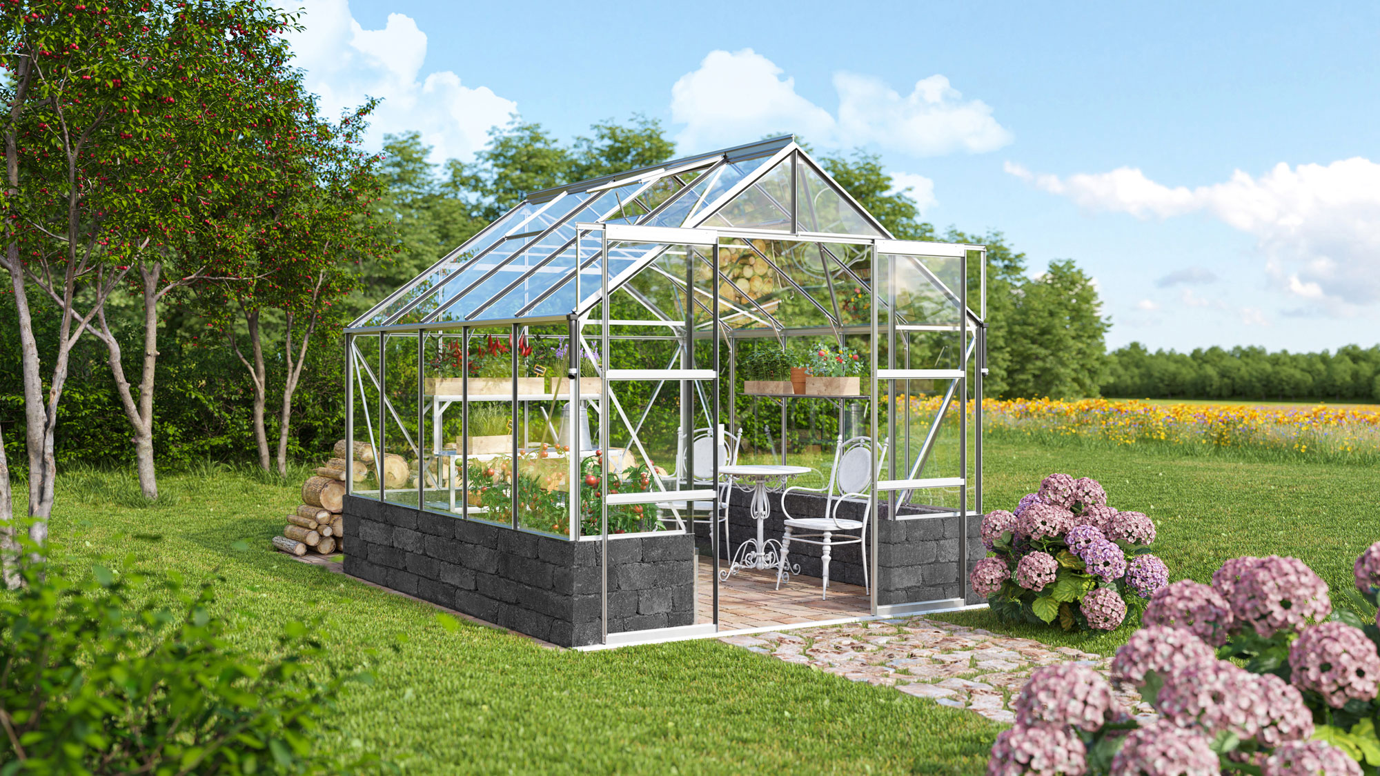 Gewächshaus Cassandra-Set mit Sockel 8300 mit Satteldach, Farbe: Aluminium eloxiert, verglast mit: Sicherheitsglas (ESG)
