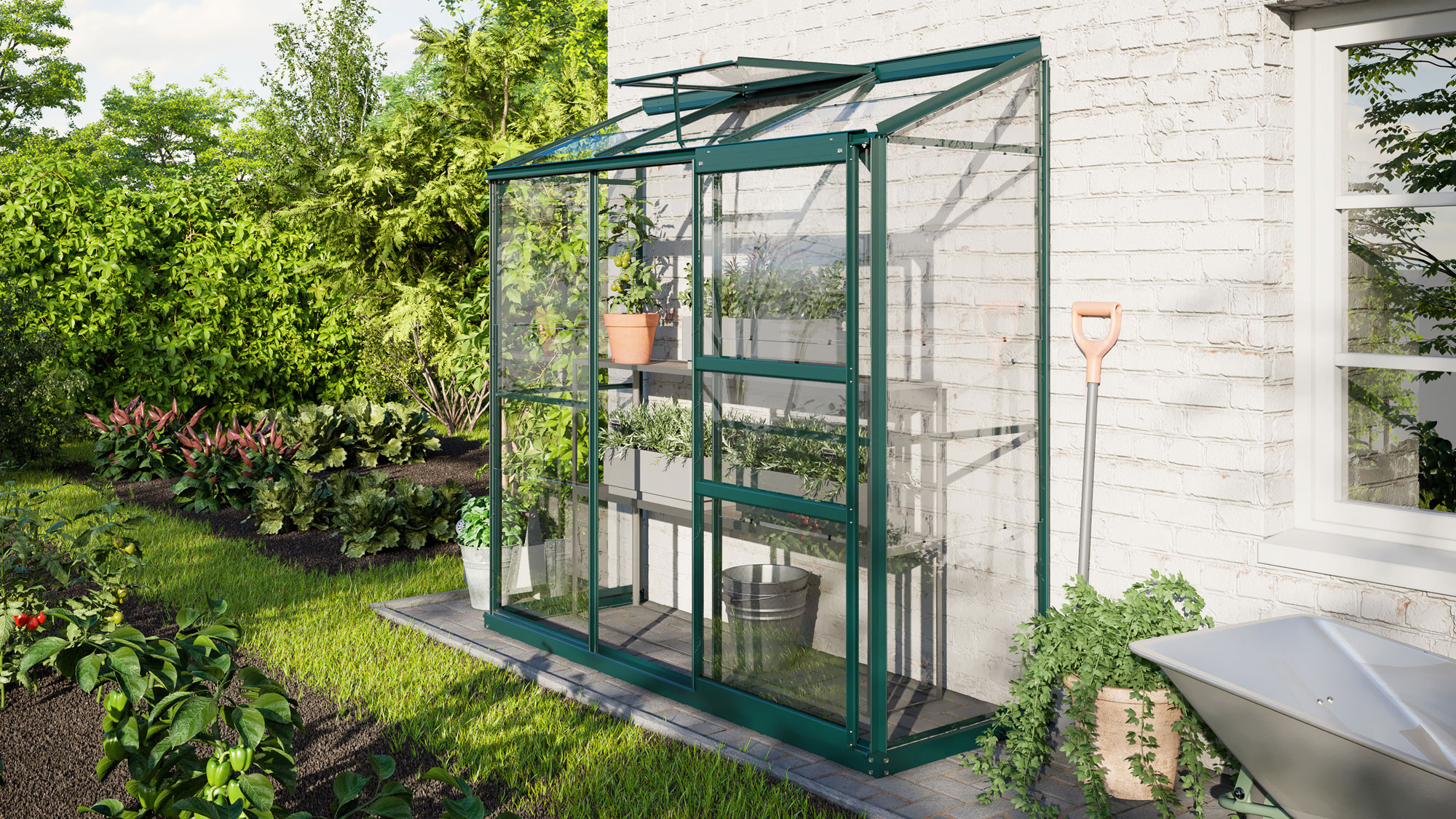 Gewächshaus Ida 1300, Farbe: Smaragd pulverbeschichtet, verglast mit: Sicherheitsglas (ESG)