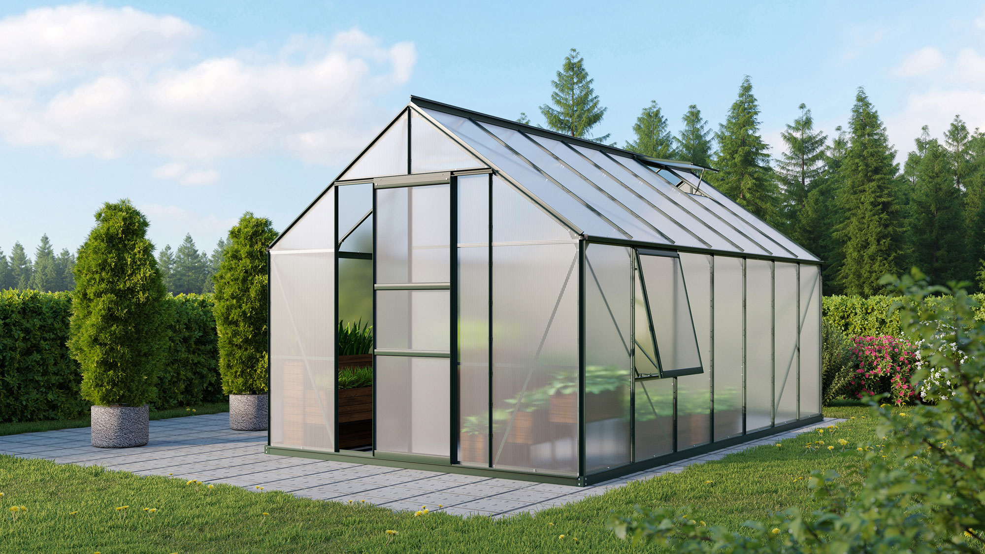 Gewächshaus Meridian1 11500, Farbe: Smaragd pulverbeschichtet, verglast mit: Hohlkammerplatten (HKP)