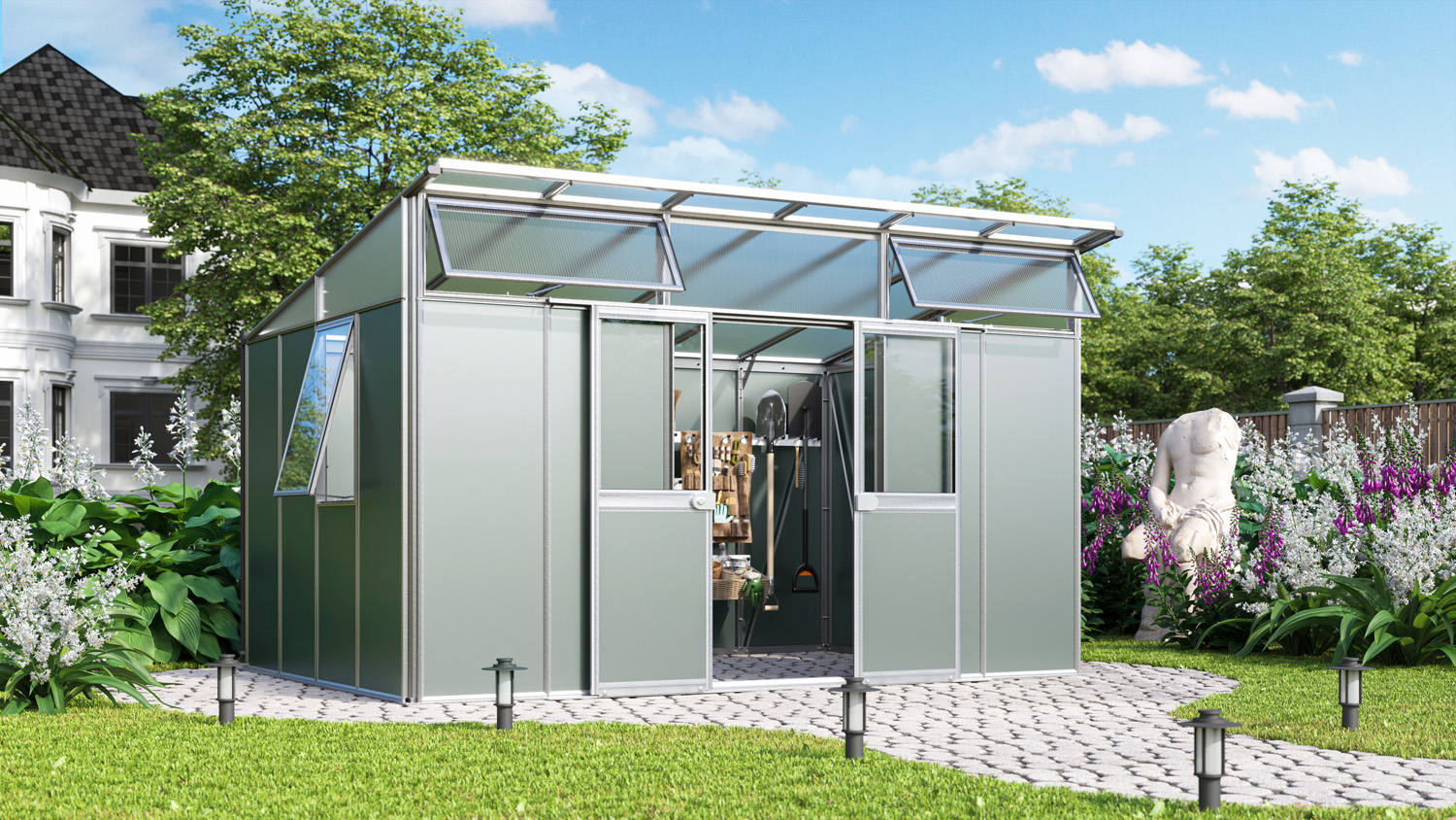 Premium Gerätehaus Kosmos 11500, Farbe: Aluminium eloxiert, verglast mit: Sicherheitsglas (ESG)