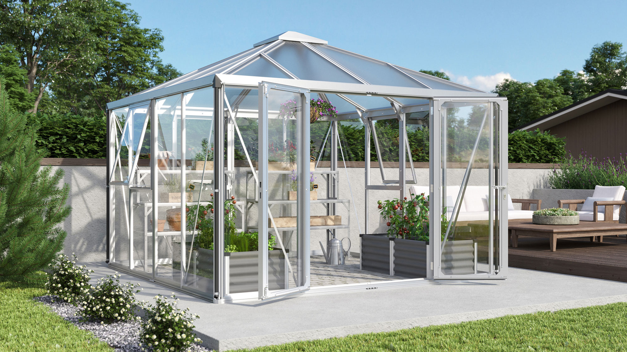 Gewächshaus Fortuna 10200 mit Pavillondach, Farbe: Aluminium eloxiert, verglast mit: Sicherheitsglas (ESG)
