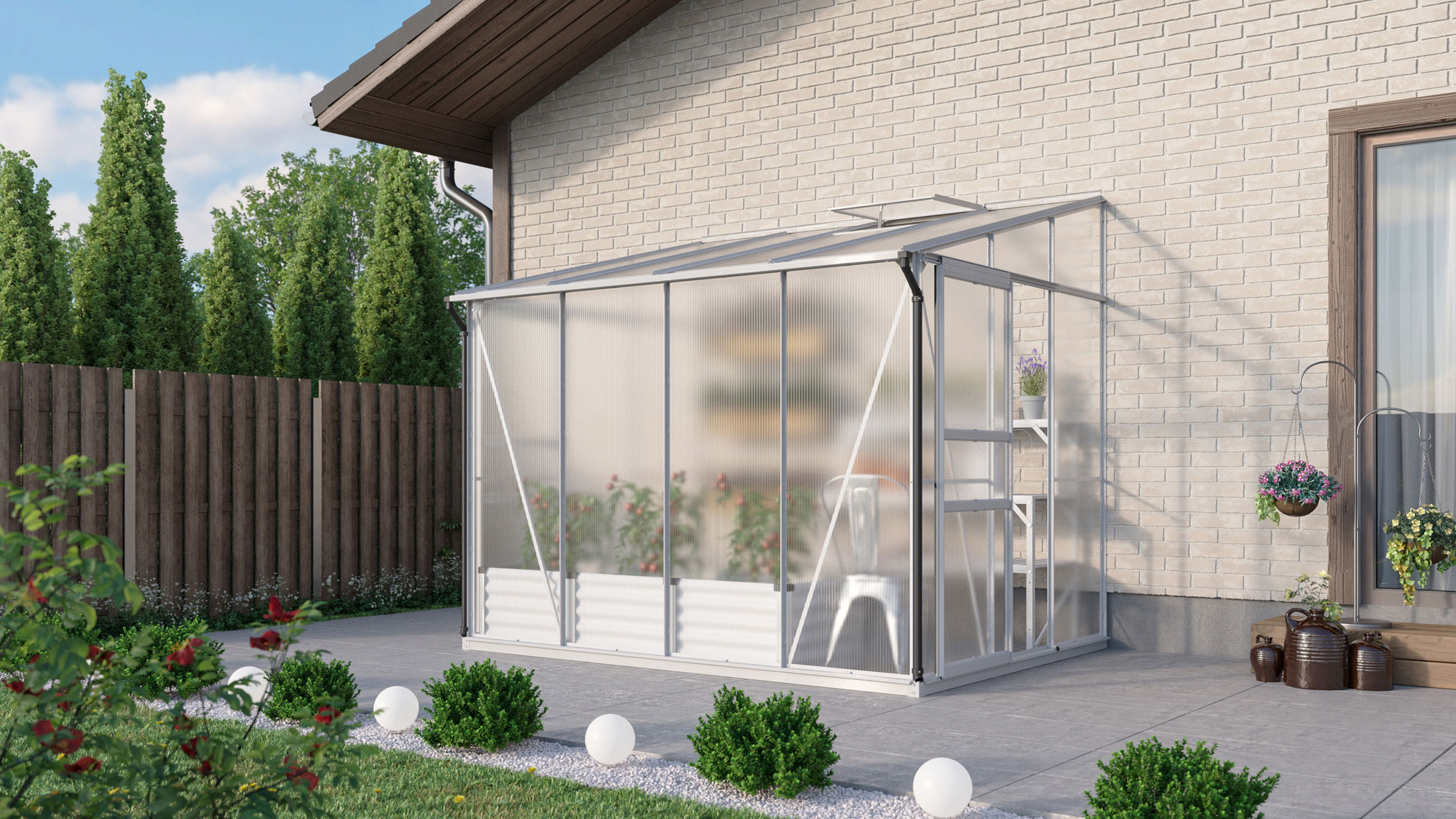 Gewächshaus Osiris 5200 mit Pultdach, Farbe: Aluminium eloxiert, verglast mit: Hohlkammerplatten (HKP)