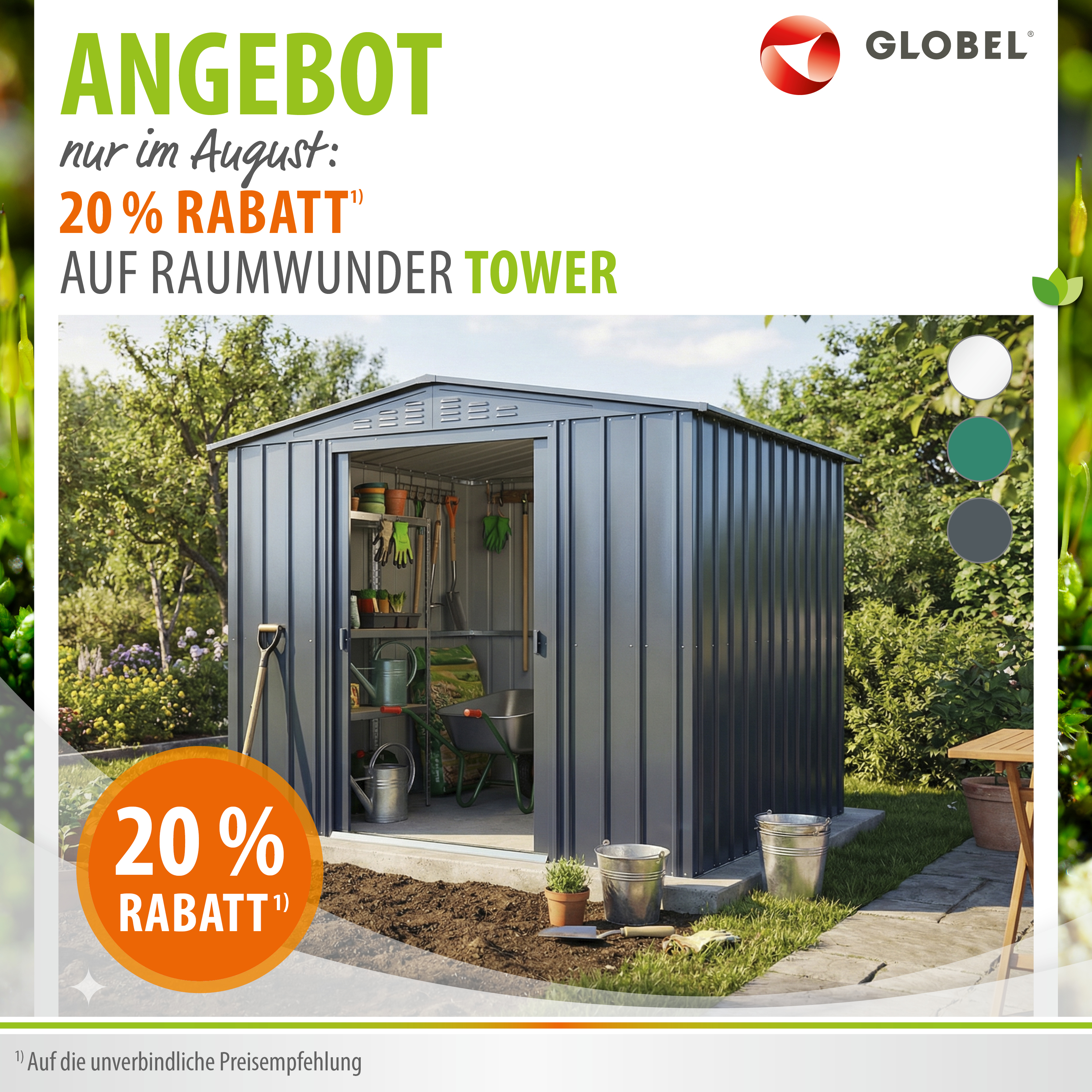 Aktions-Banner August 2026 20% auf das Globel Gerätehaus Tower