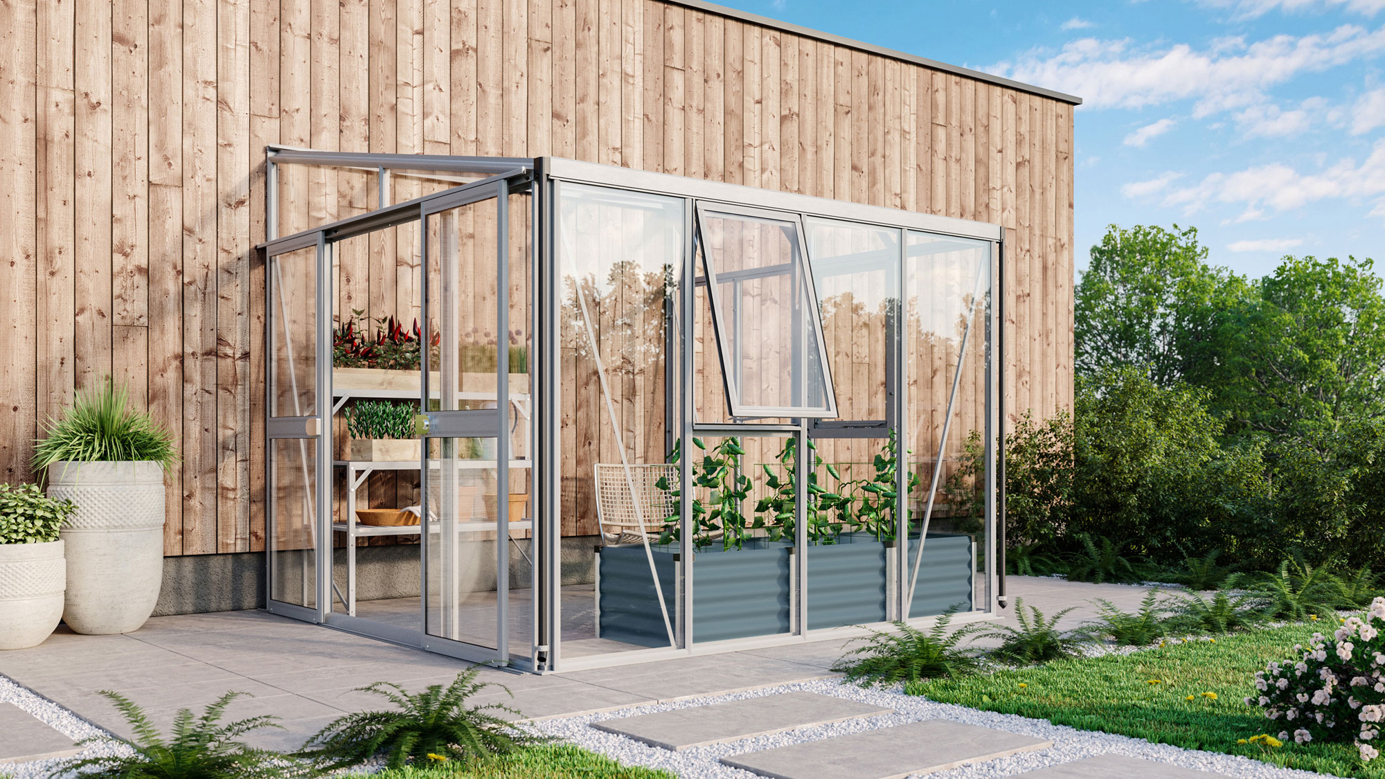Gewächshaus Helena 7000 mit Pultdach, Farbe: Aluminium eloxiert, verglast mit: Sicherheitsglas (ESG)