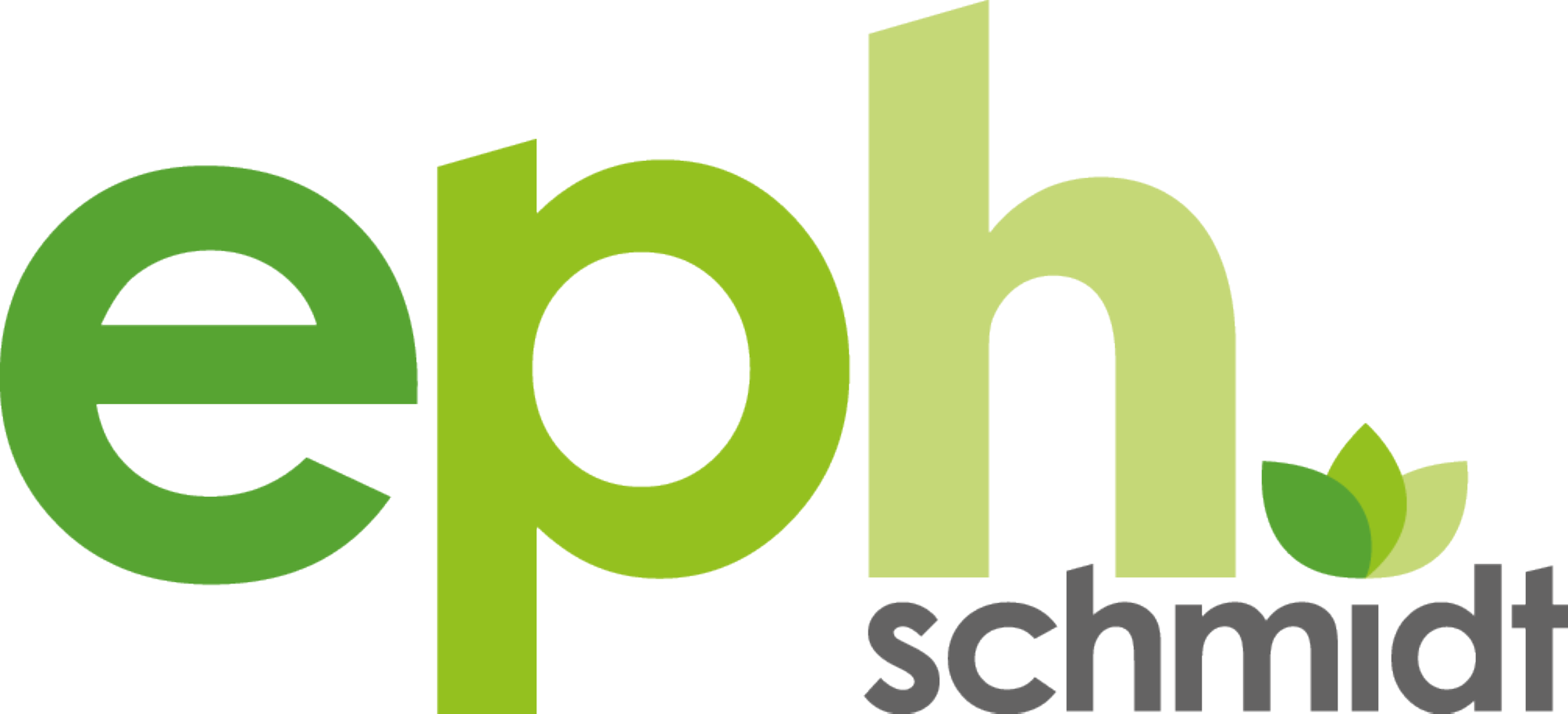 Logo von eph schmidt in Kleinbuchstaben. Die Wortmarke "eph" ist in 3 Grüntonen, "schmidt" in grau gehalten. Der i-Punkt ist mit der Bildmarke, ebenfalls in 3 Grüntonen ergänzt.