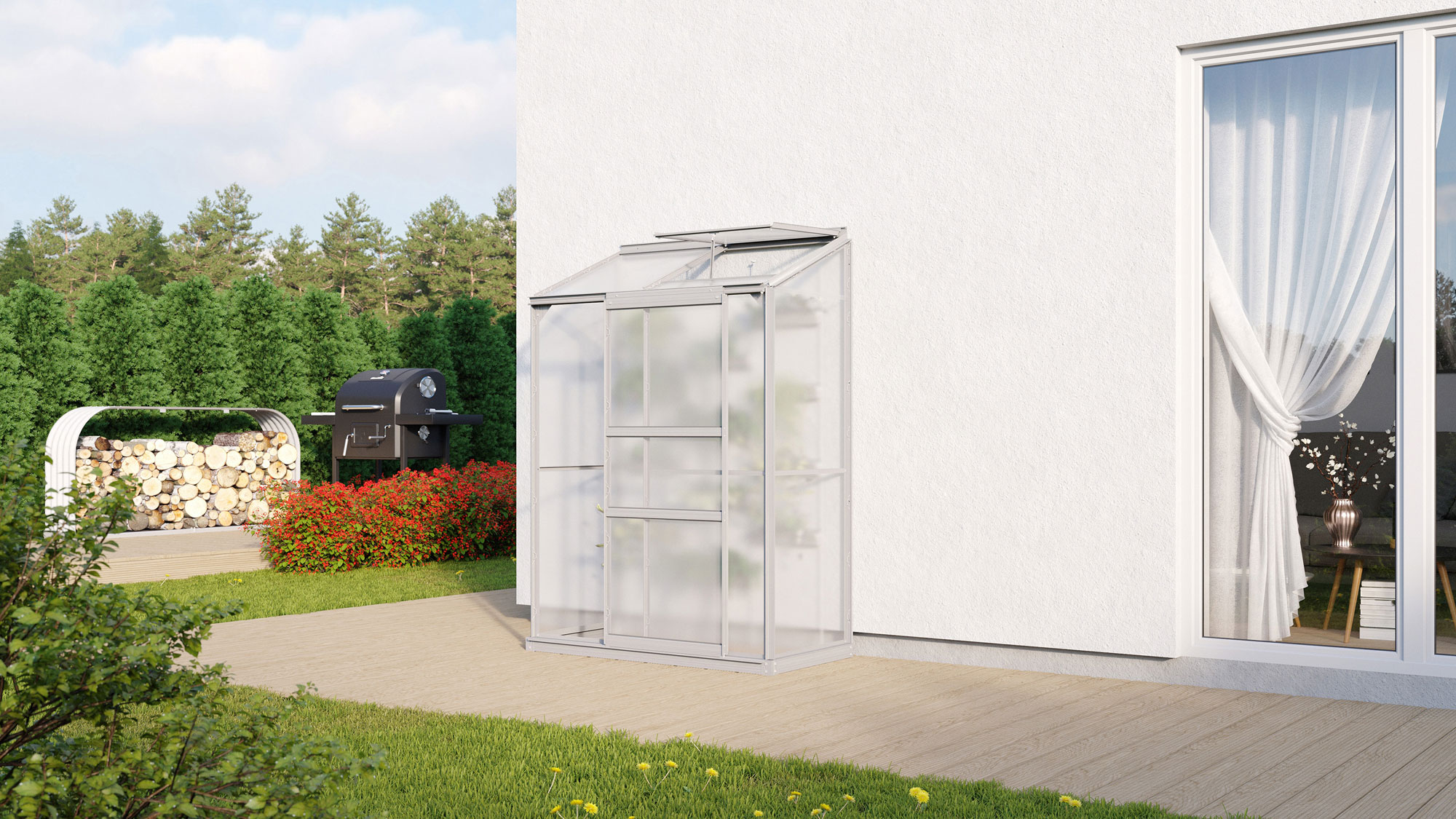Gewächshaus Styx 900 mit Pultdach, Farbe: Aluminium eloxiert, verglast mit: Hohlkammerplatten (HKP)