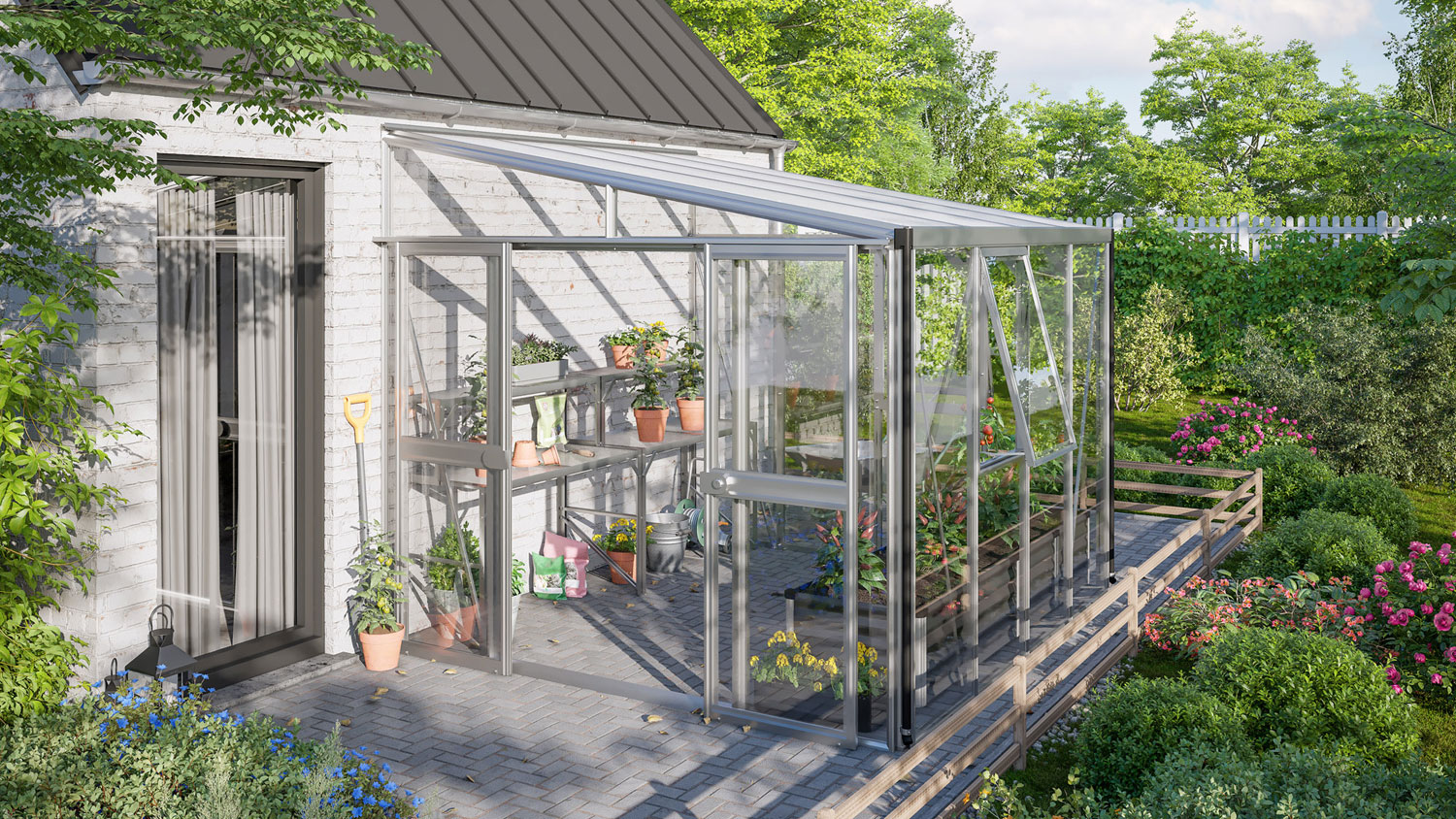 Gewächshaus Helena 7000 mit Pultdach, Farbe: Aluminium eloxiert, verglast mit: Sicherheitsglas (ESG)