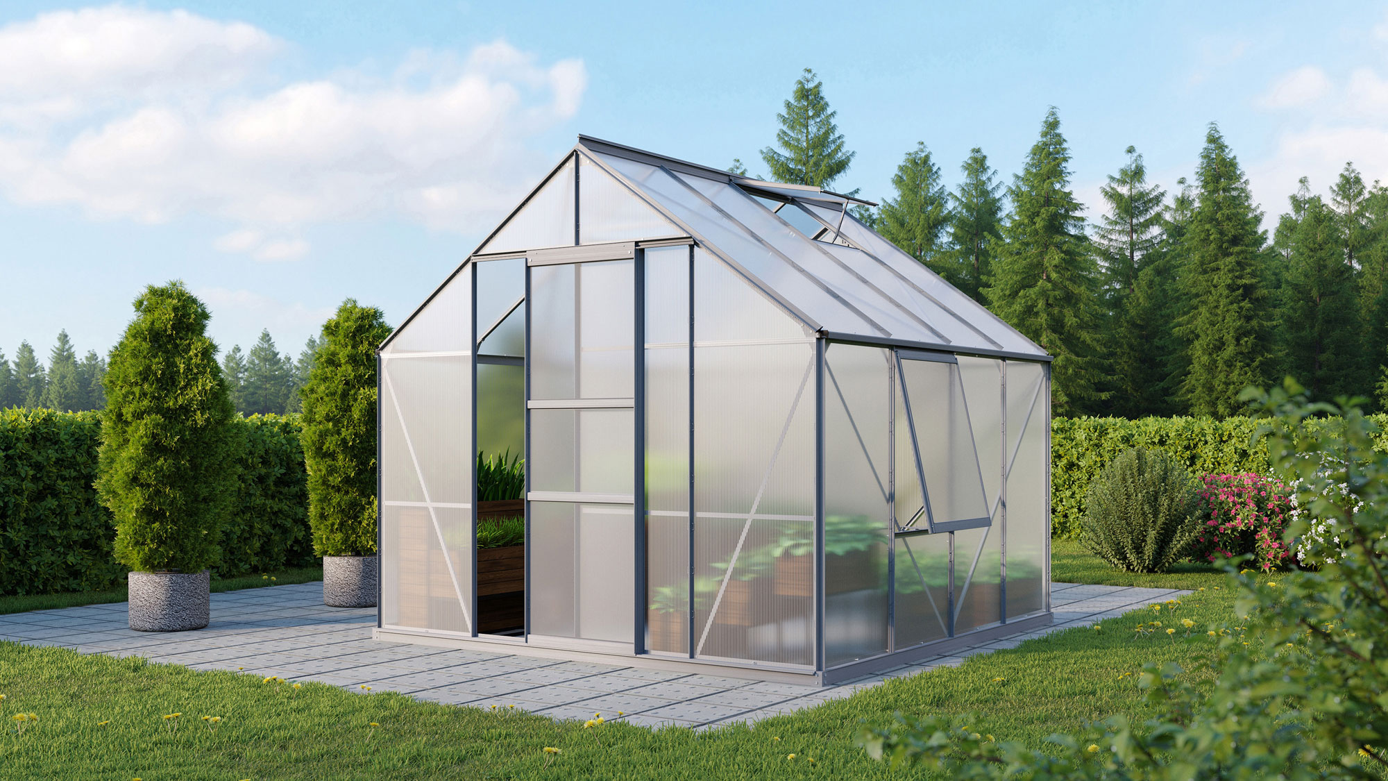 Gewächshaus Meridian1 6700 mit Satteldach, Farbe: Aluminium eloxiert, verglast mit: Hohlkammerplatten (HKP)