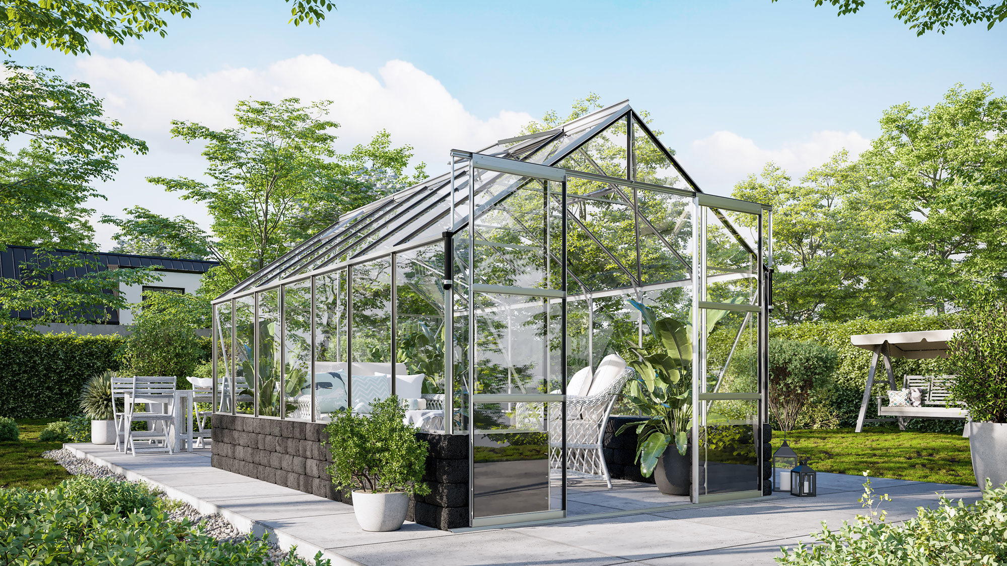 Gewächshaus Cassandra-Set mit Sockel 11500, Farbe: Aluminium eloxiert, verglast mit: Sicherheitsglas (ESG)