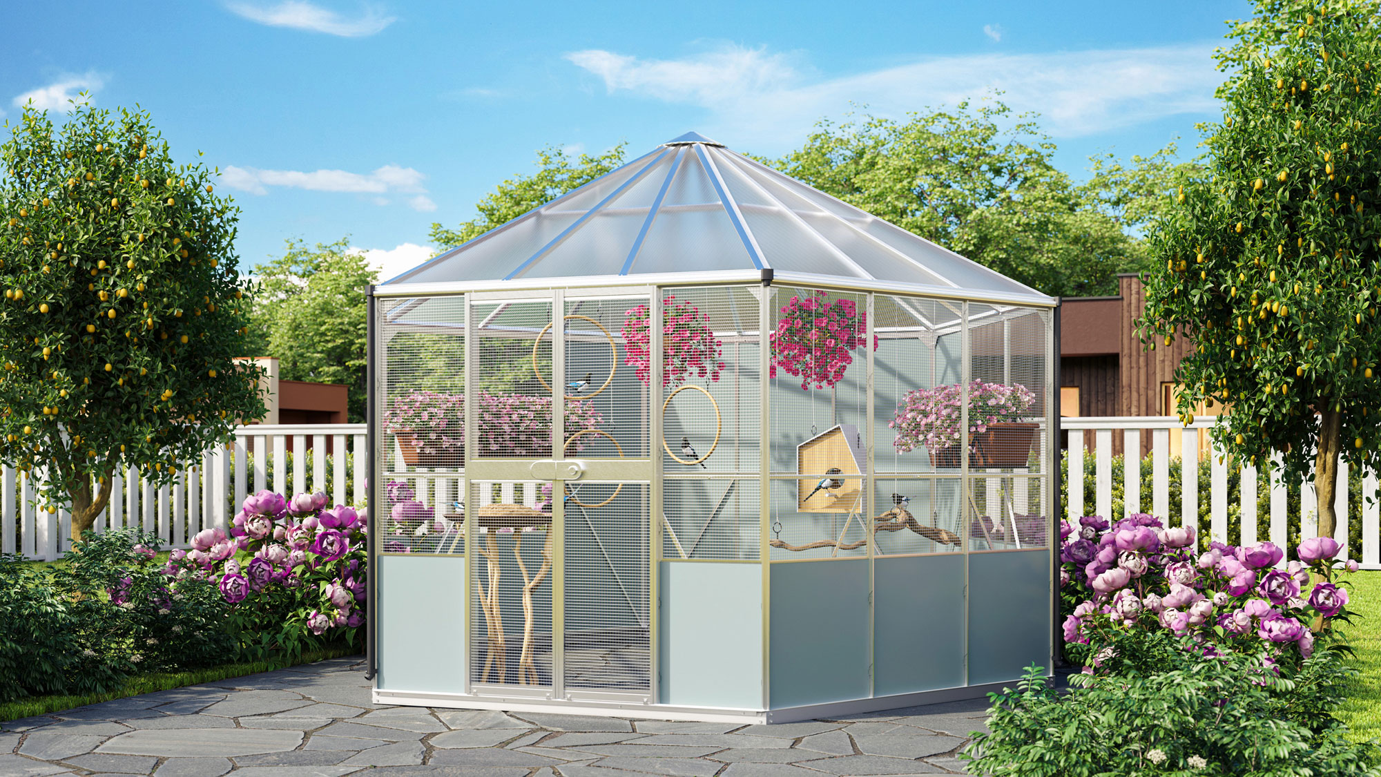 Vogelvoliere Circus mit Pavillondach, Farbe: Aluminium eloxiert