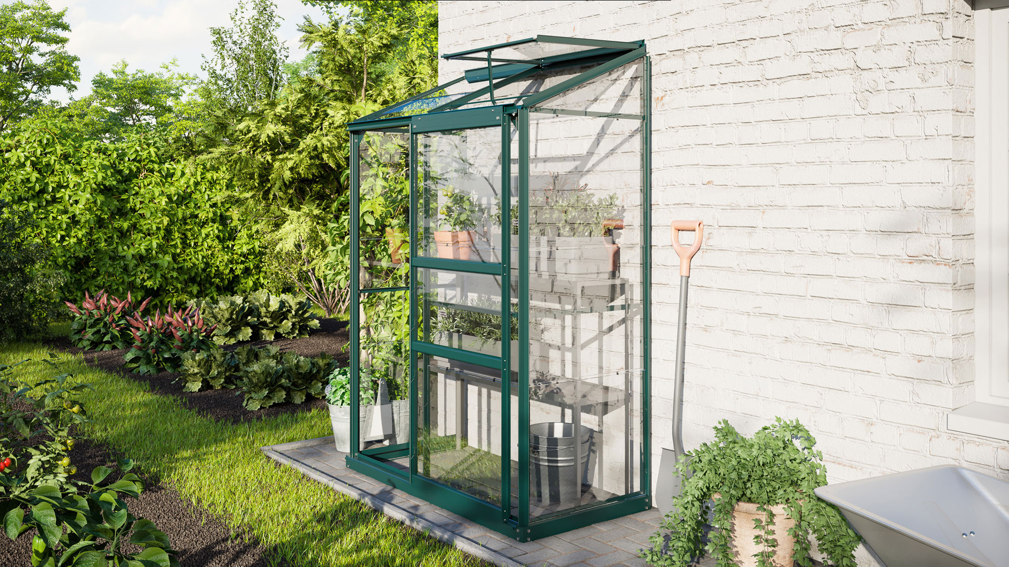 Gewächshaus Ida 900, Farbe: Smaragd pulverbeschichtet, verglast mit: Sicherheitsglas (ESG)
