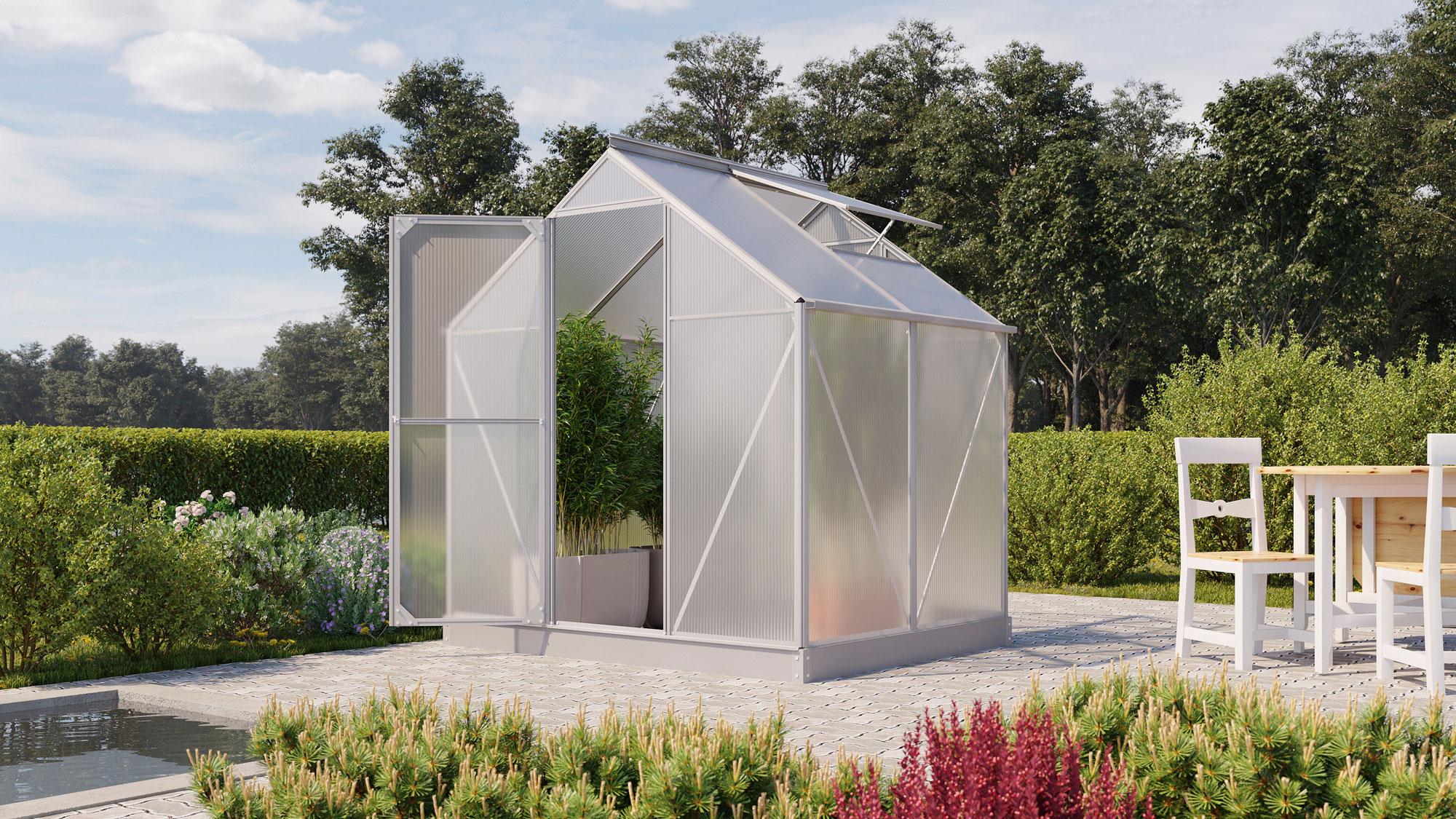 Gewächshaus Eos 3100 mit Satteldach, Farbe: Aluminium eloxiert, verglast mit: Hohlkammerplatten (HKP)