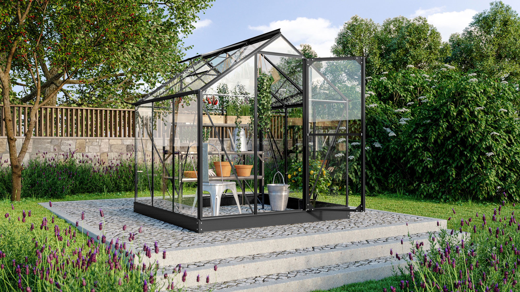 Gewächshaus Triton im Sonderangebot 3800, Farbe: Schwarz pulverbeschichtet, verglast mit: Sicherheitsglas (ESG)