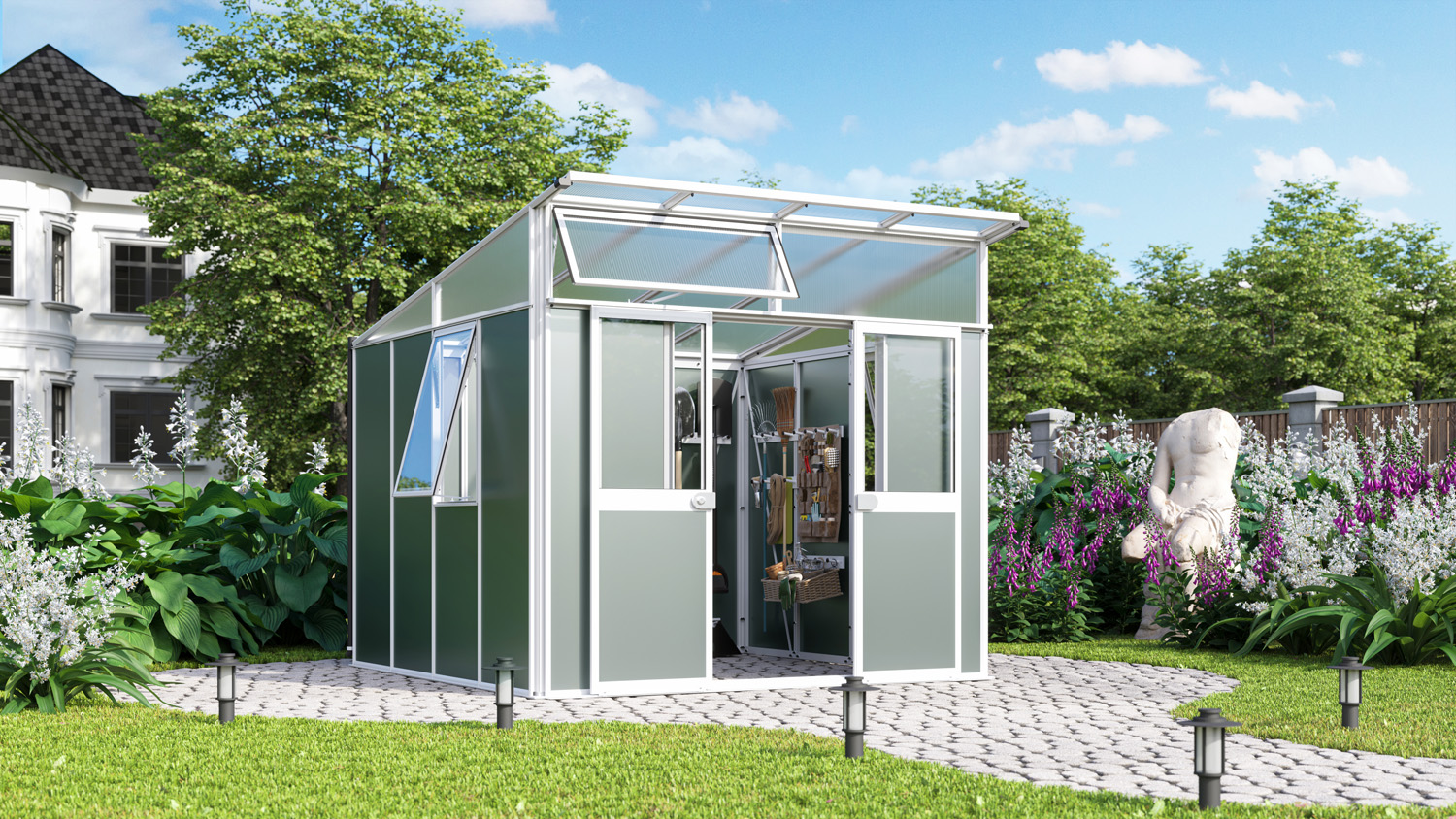 Premium Gerätehaus Kosmos 7800, Farbe: Weiß pulverbeschichtet, verglast mit: Sicherheitsglas (ESG)