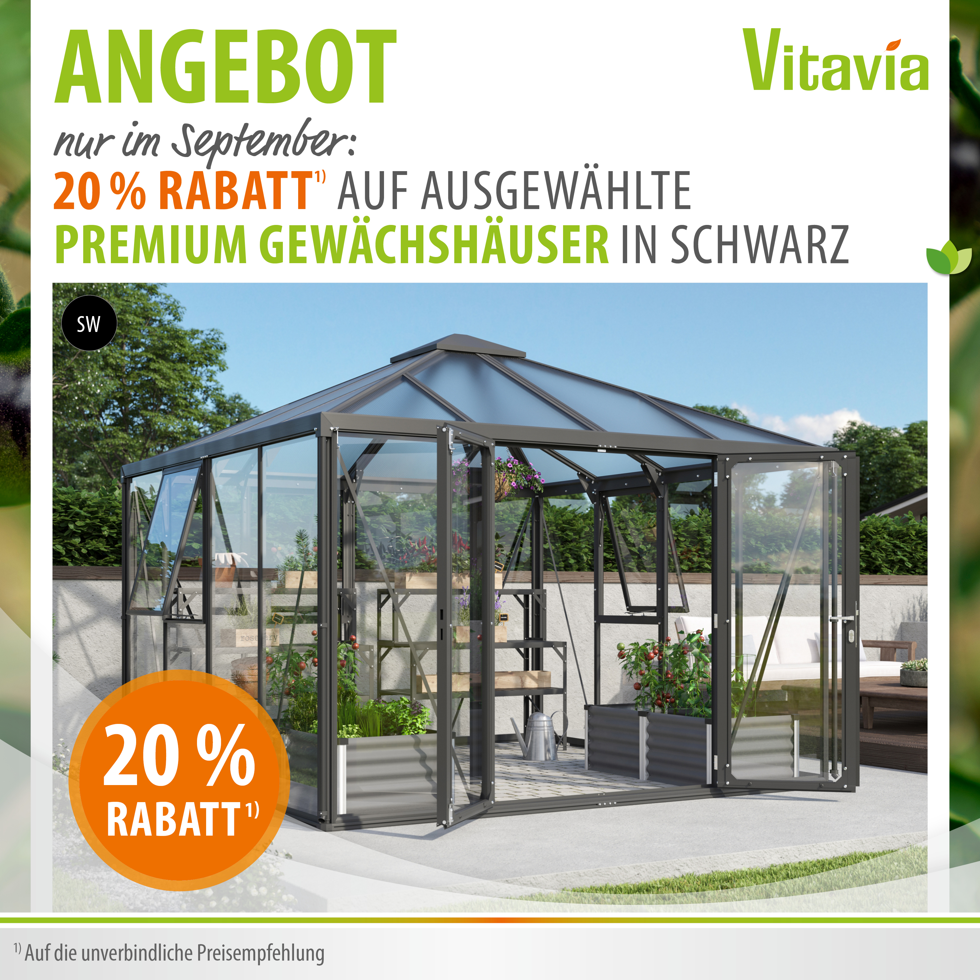 Aktions-Banner September 2026 20 % auf ausgewählte Premiumgewächshäuser in schwarz